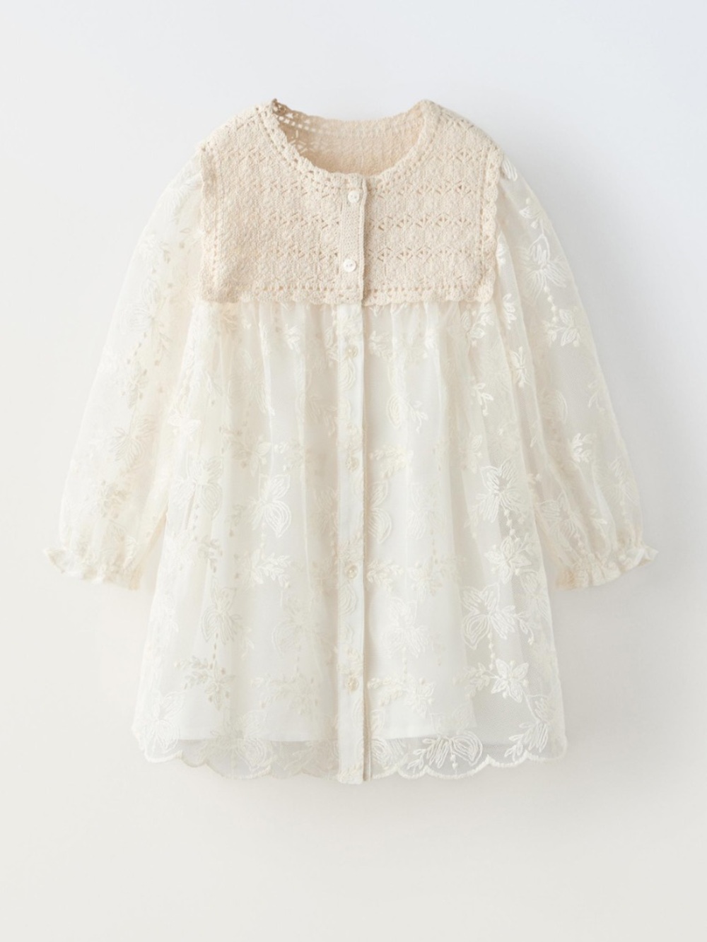 Zara Kids Contrast Crochet Embroidered Dress Cream